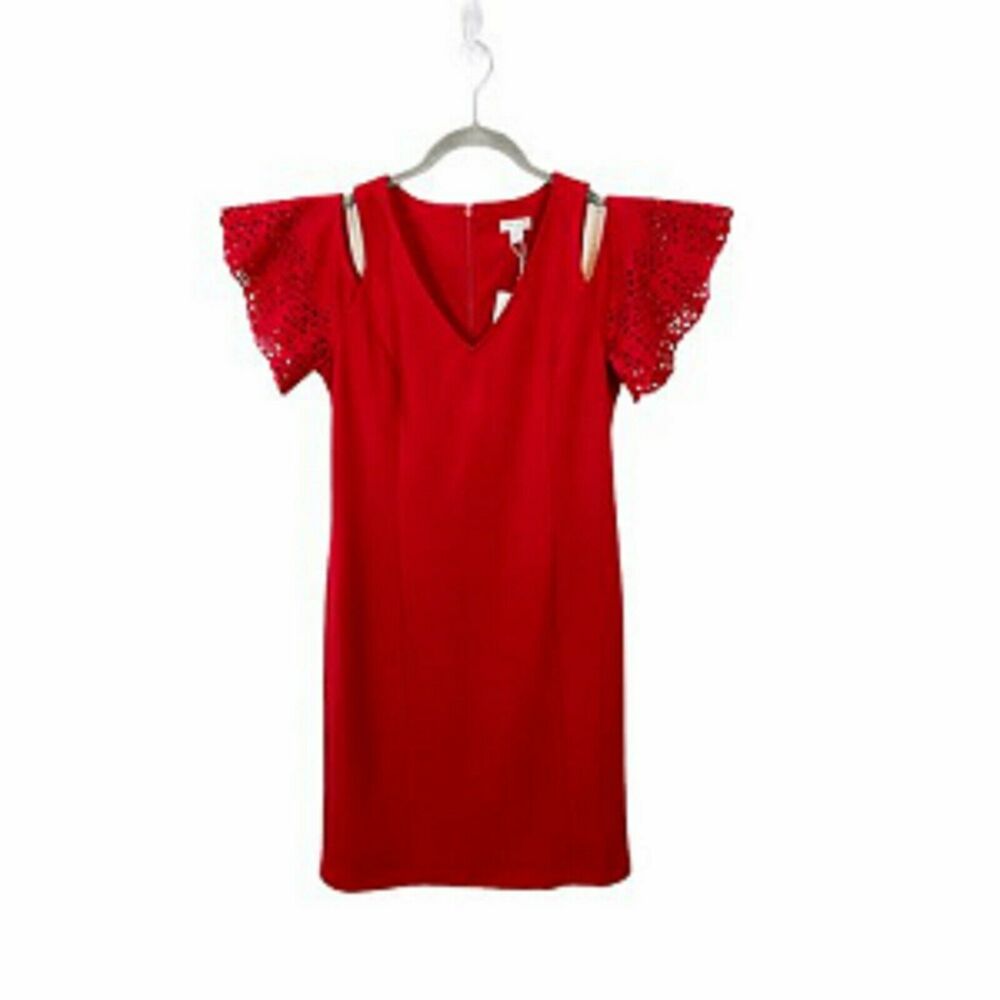 Spense Bodycon Dress Womens Red Sexy Stretch Cold Shoulder Flutter Sleeve Size 8